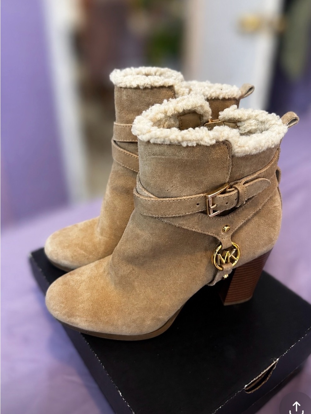 MICHAEL Michael Kors Taupe Suede Shearling-Trim Ankle Booties with MK Charm